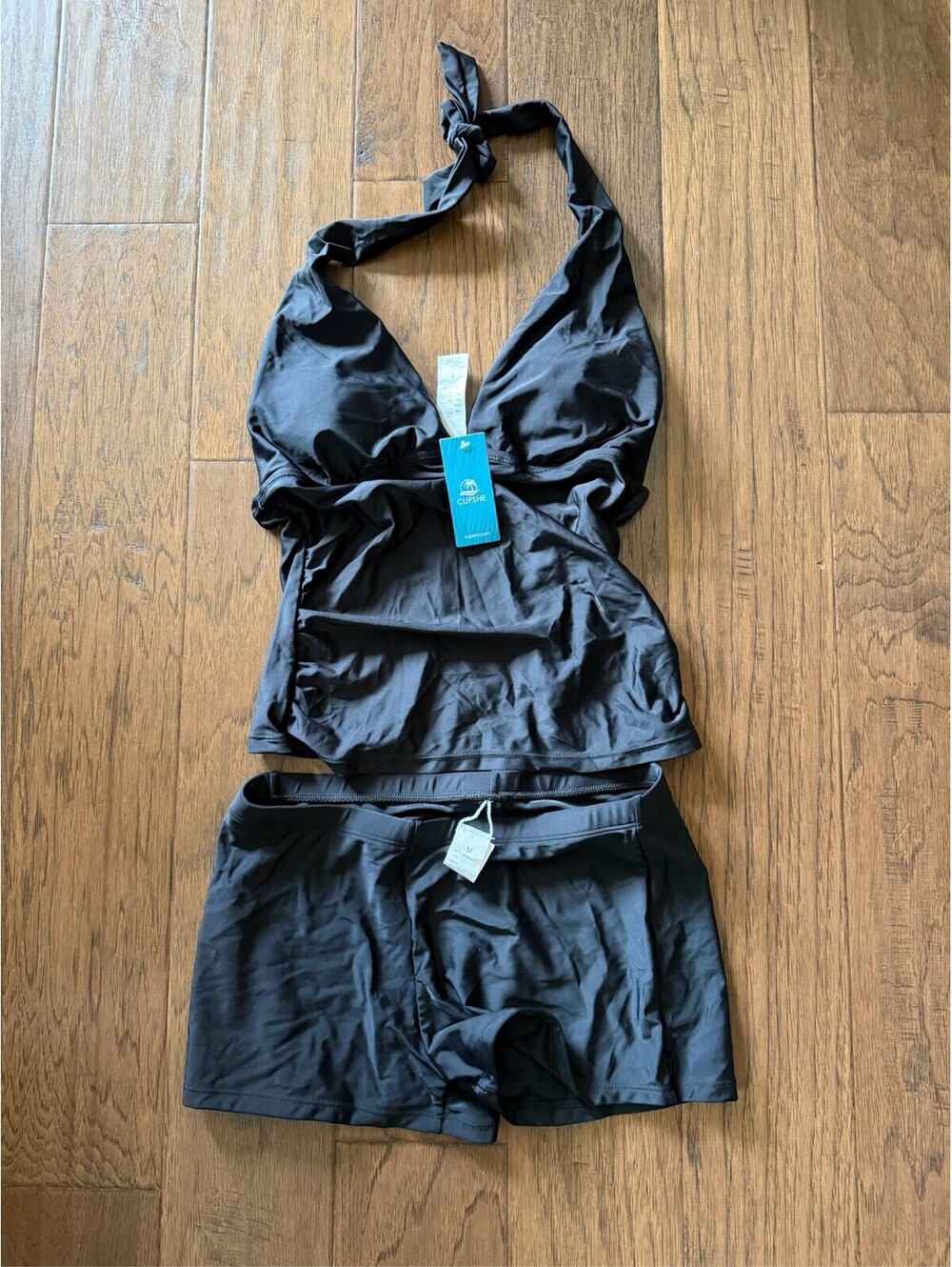 Cupshe Womens Medium Tankini Set Black Halter Top Swim Short Bottoms